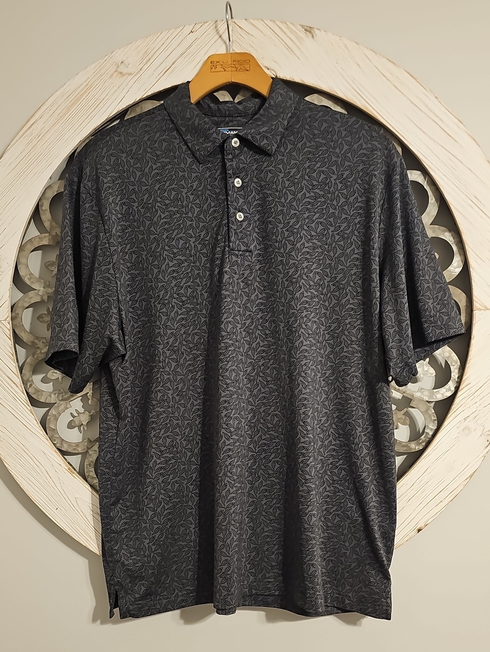 Roundtree & Yorke Dark Gray Leaf-Print Polo